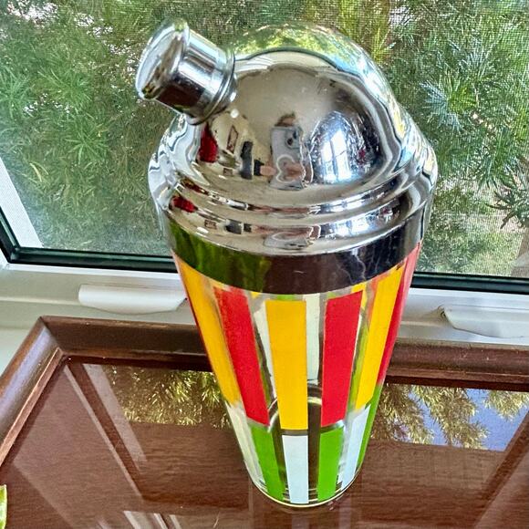 Mid-CenturyOrange and Green Striped Glass Cocktail Shaker w/ Chrome Top, 10” - Picture 2 of 16